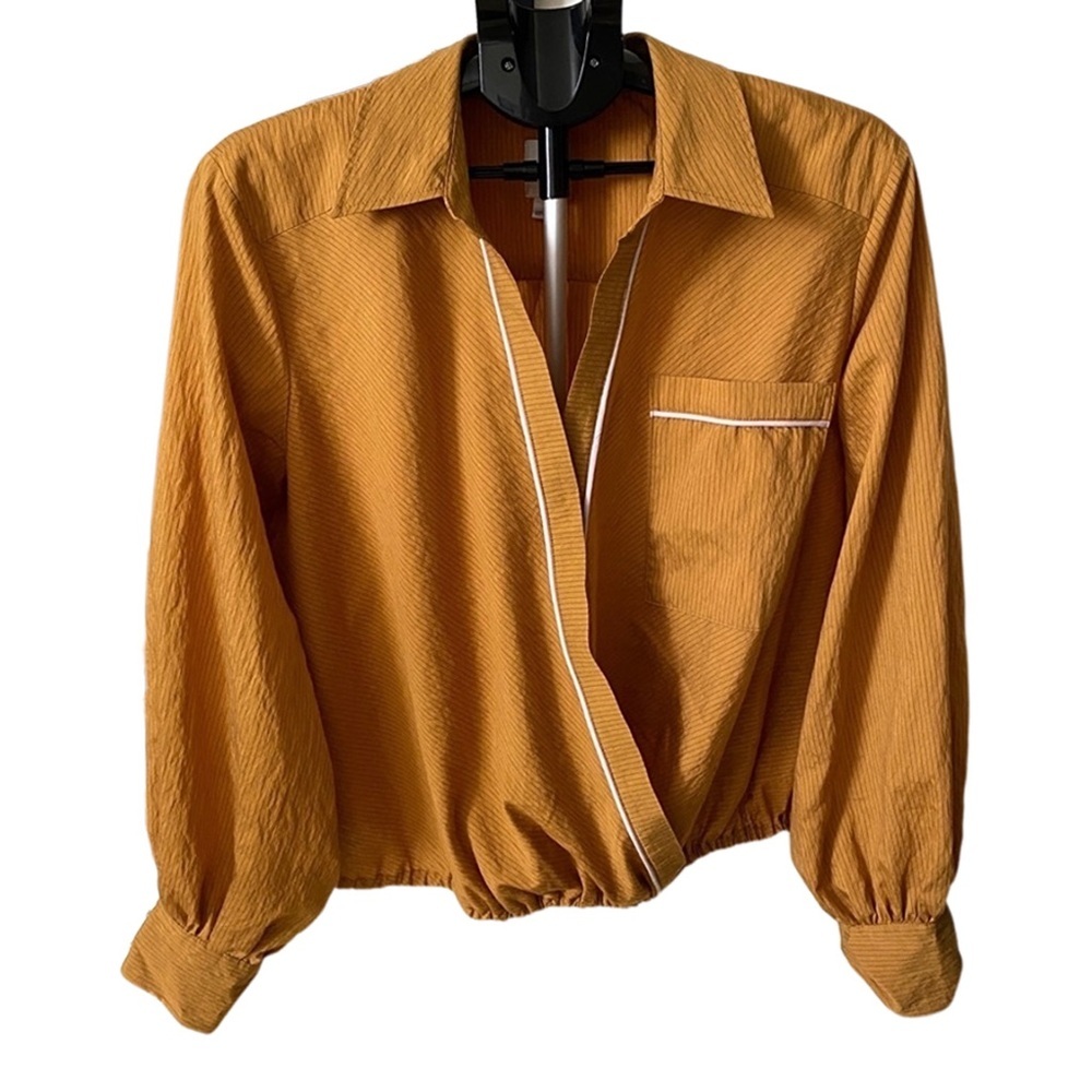 Anthropologie Maeve Long-Sleeved Striped Wrap Blouse Mustard Yellow Motif Size L